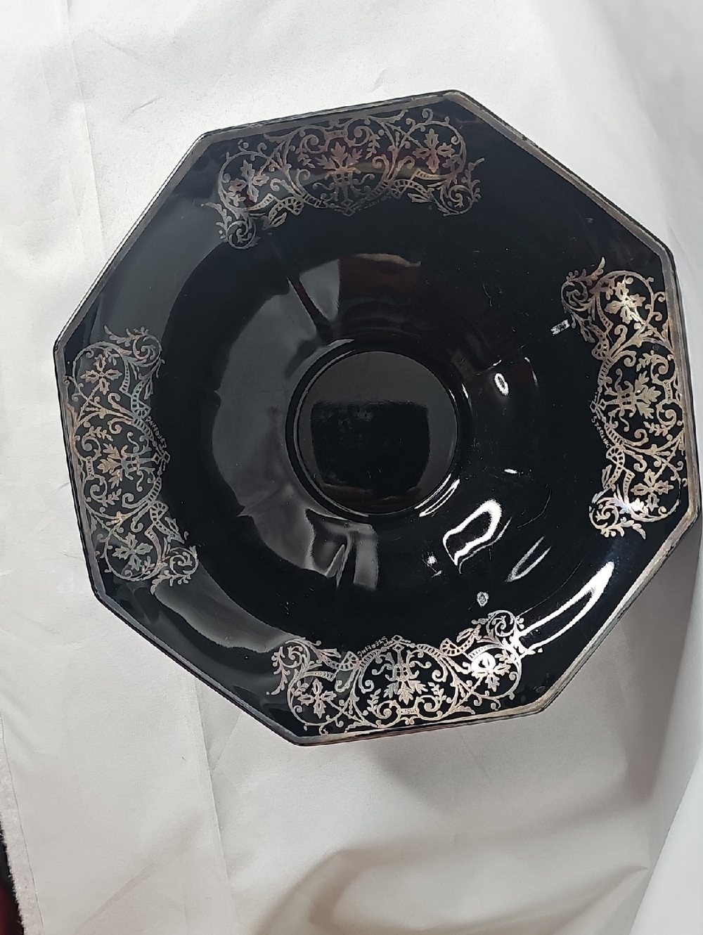 Vintage Black Amethyst Glass Bowl With Silver Overlay